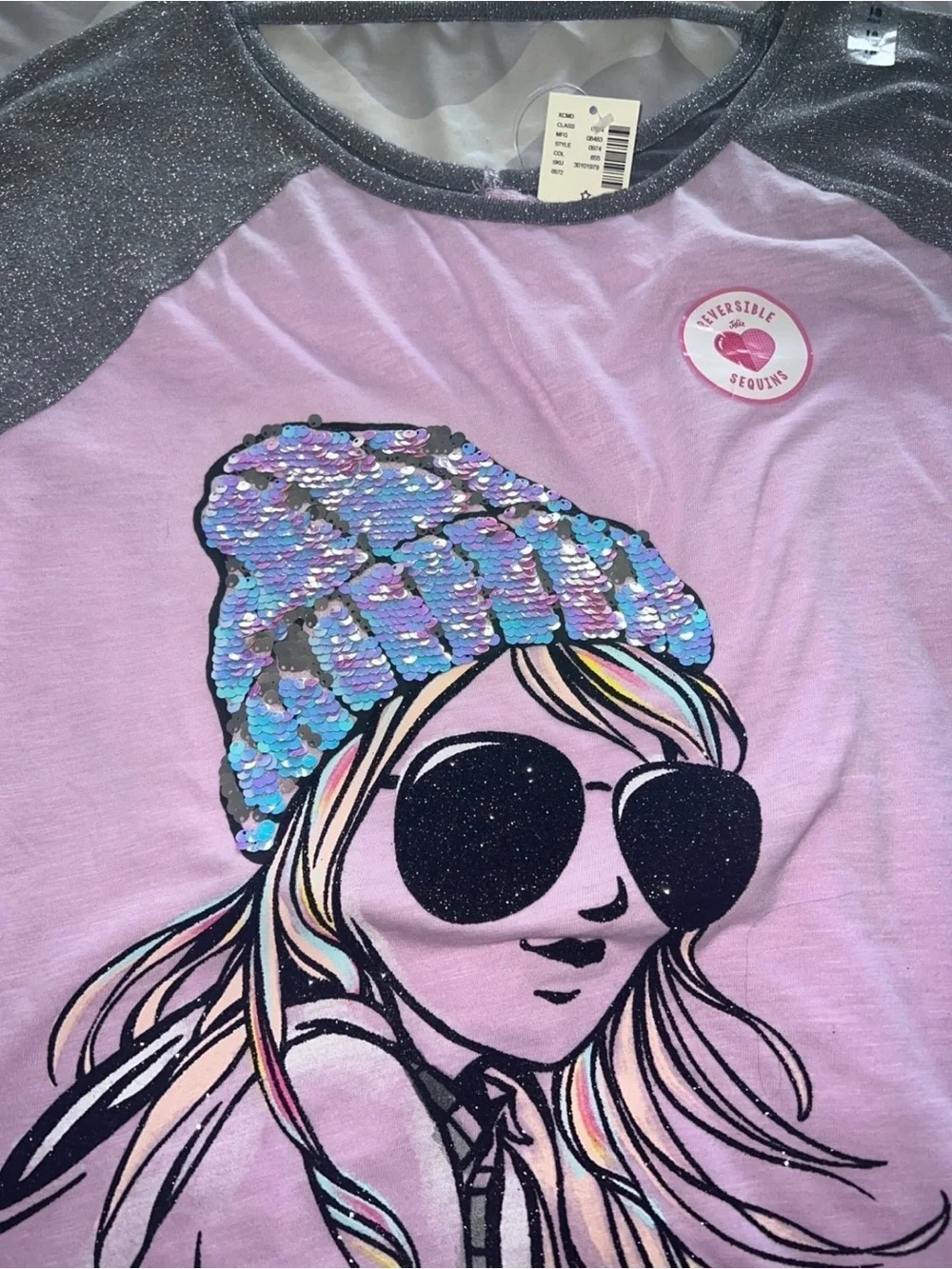 Justice Graphic Long Sleeve Top with Shimmery Gray Sleeves